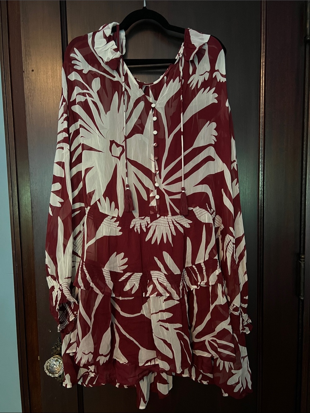 Anthropologie Maroon and White Floral Long-Sleeve Tiered Tunic Dress